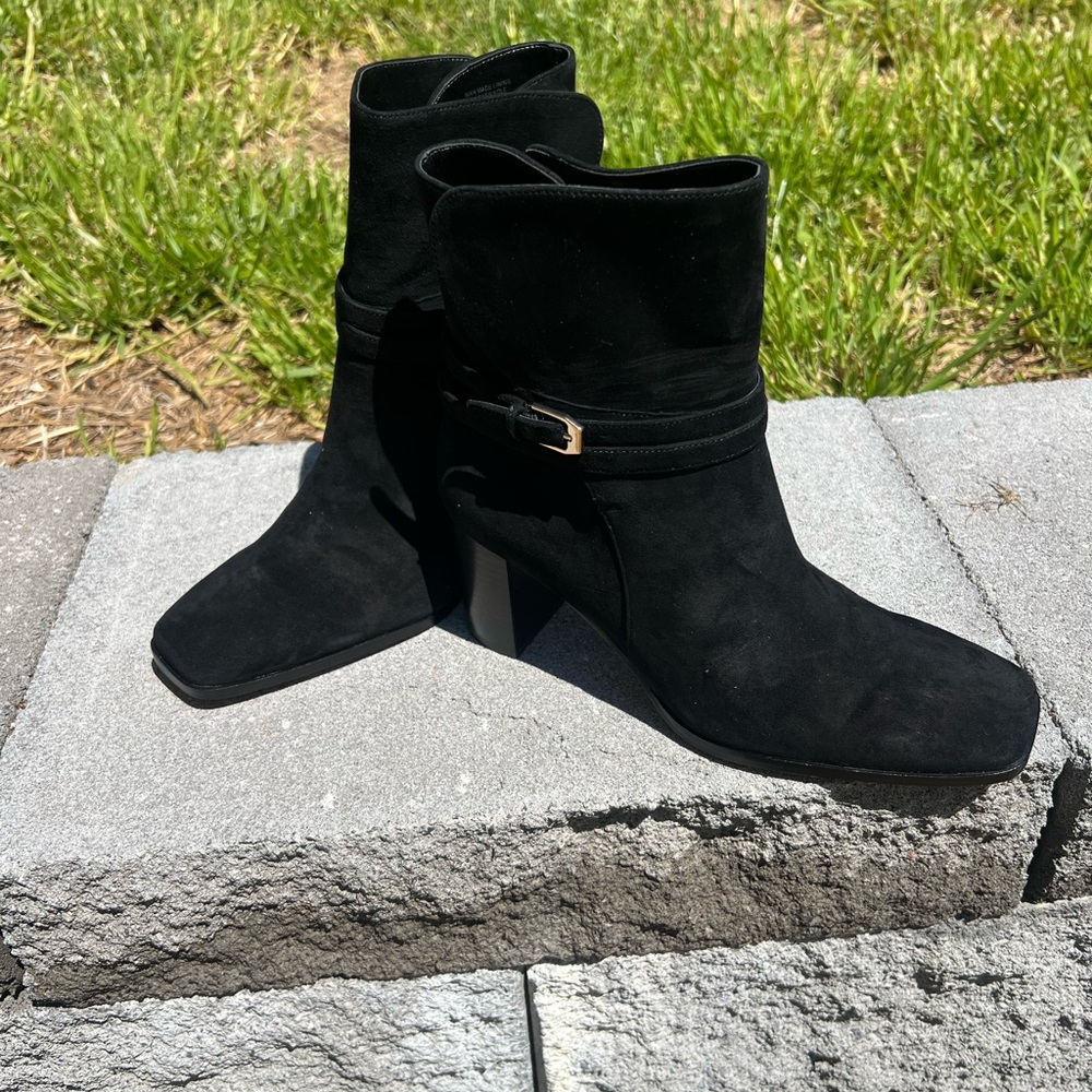 Ann Taylor Black Ankle Booties with Suede Texture and Buckle Detail